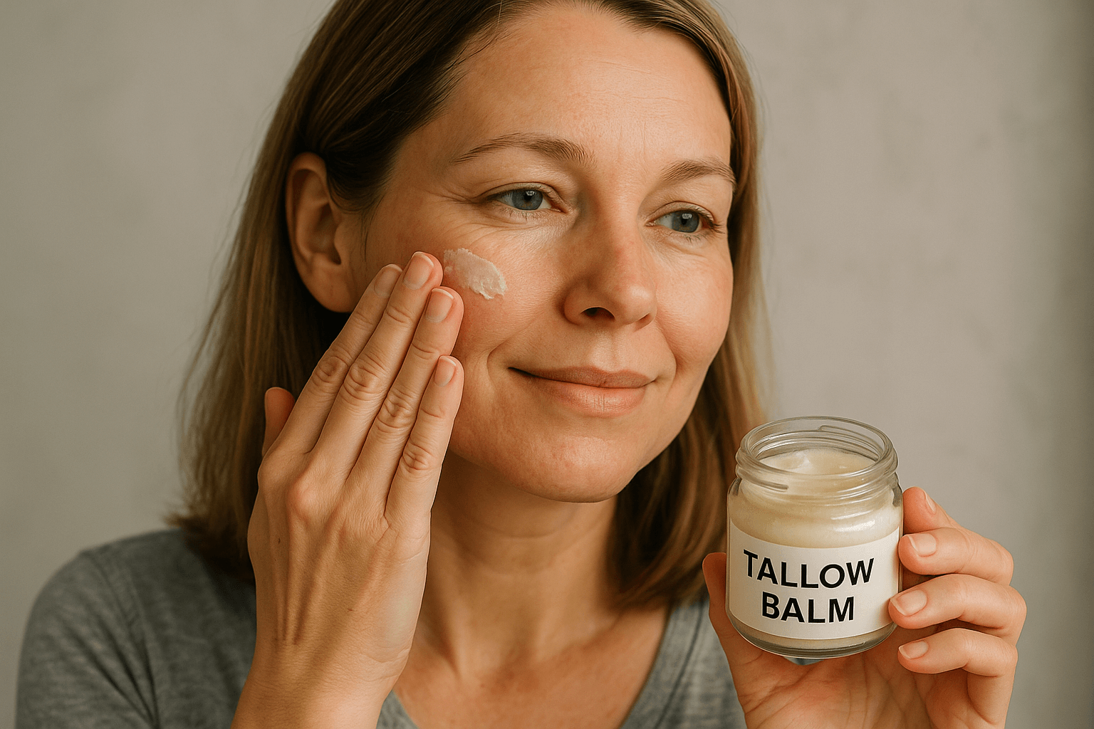 A middle-aged woman with great complexion rubs beef tallow balm into the skin on her face.