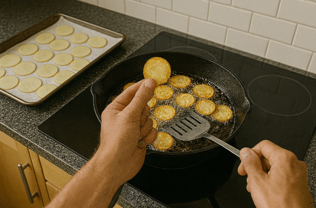 Man holding up one of his perfected tallow chip recipe chips.