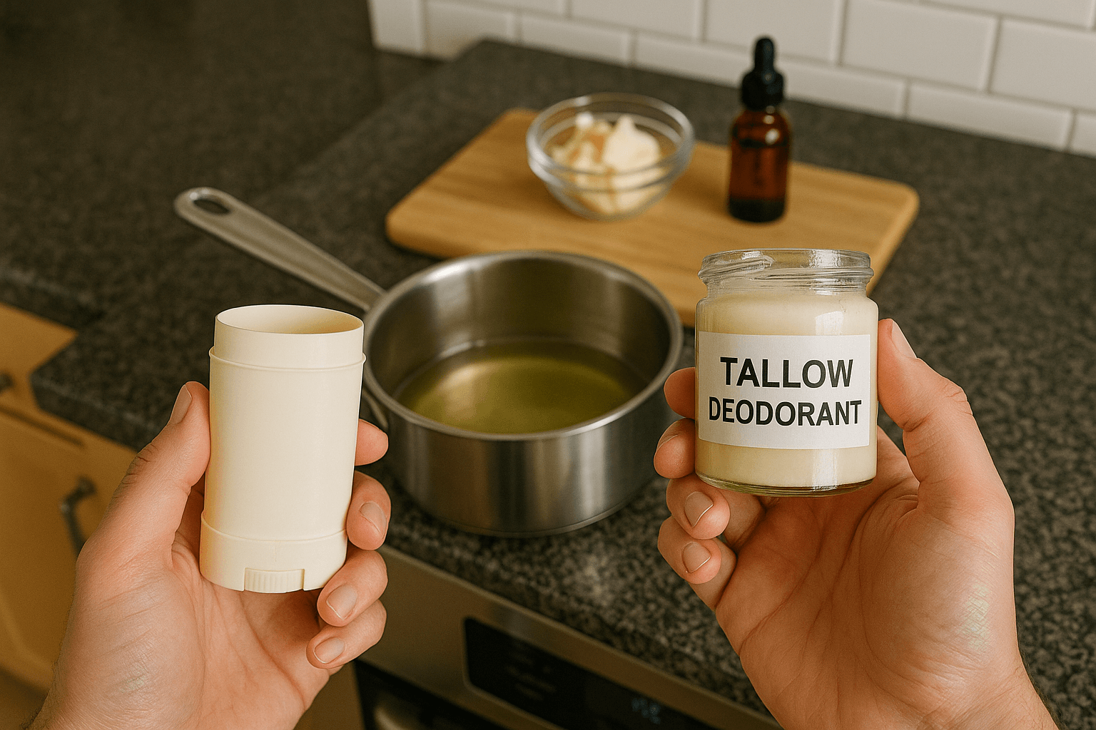 Man holding a homemade tallow deodorant recipe's finished product.