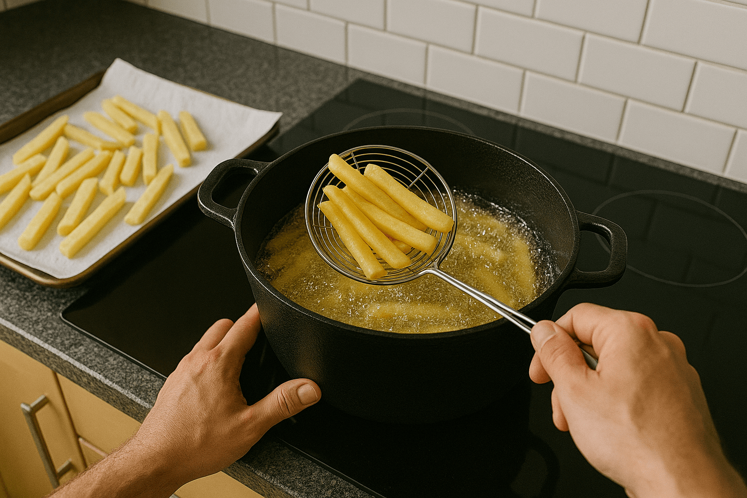 Man cooking the tallow french fries recipe in a cast-iron pot.