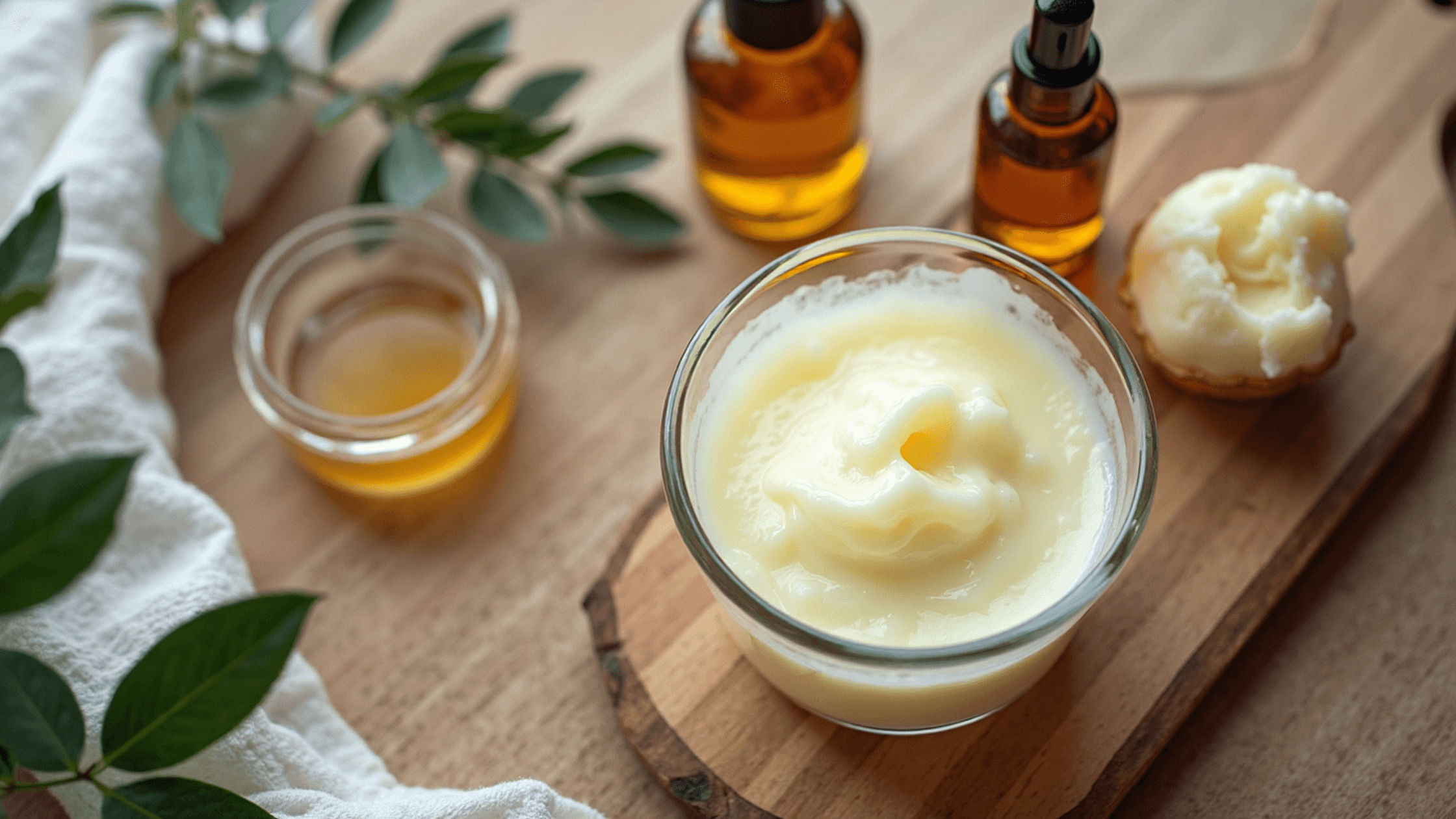 Ingredients for a homemade tallow recipe on a counter and cutting board.