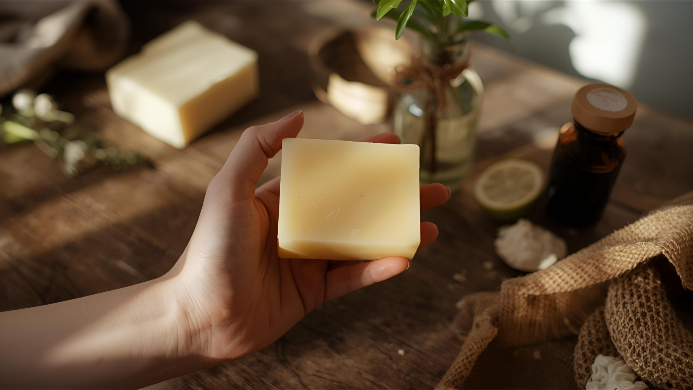 Woman holding homemade tallow soap.