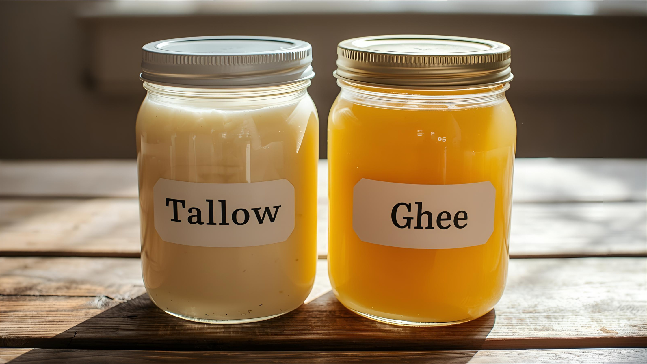 Side by side jars of tallow and ghee.