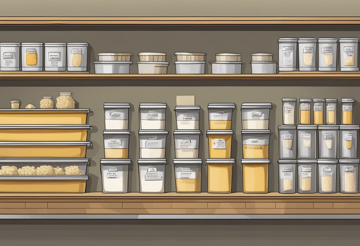 A chef stores suet and tallow in separate airtight containers on a shelf, with labels indicating their contents