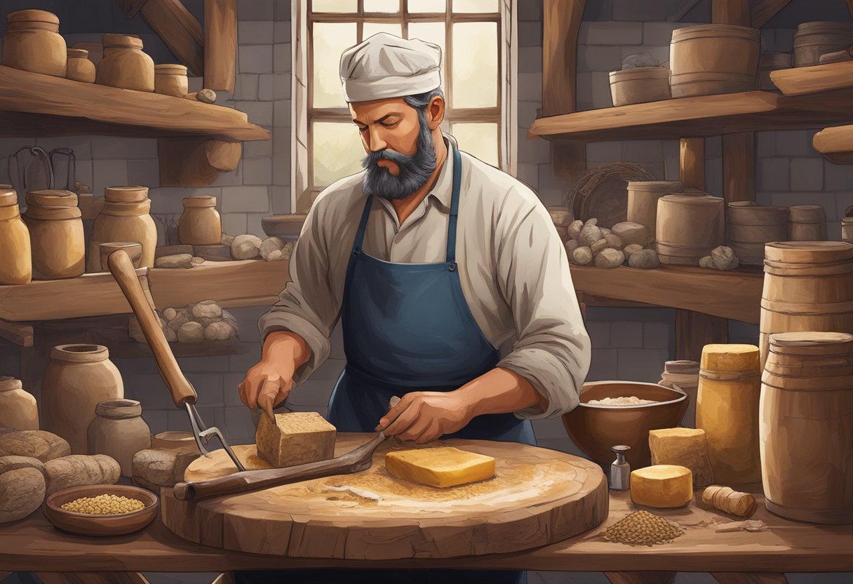 A butcher prepares suet and tallow, using traditional tools and methods, surrounded by historical and cultural artifacts