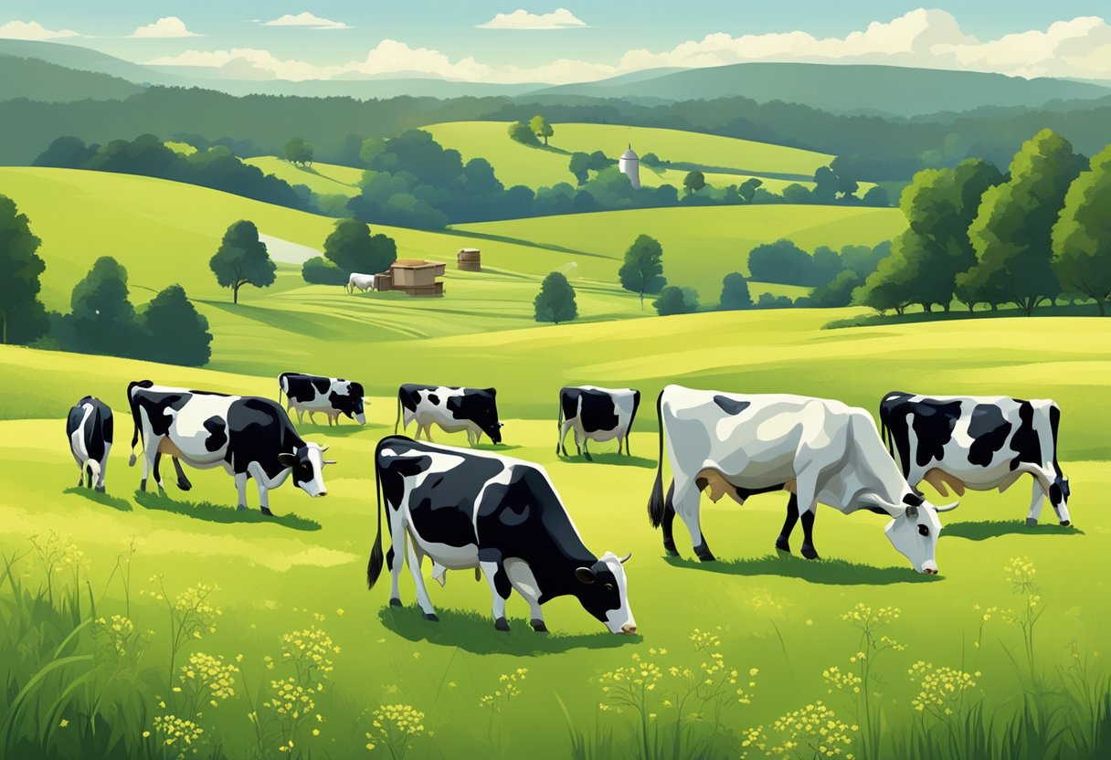 A serene pasture with grazing cows and a field of tallow plants, contrasting with a lush meadow dotted with dairy cows and a butter churn