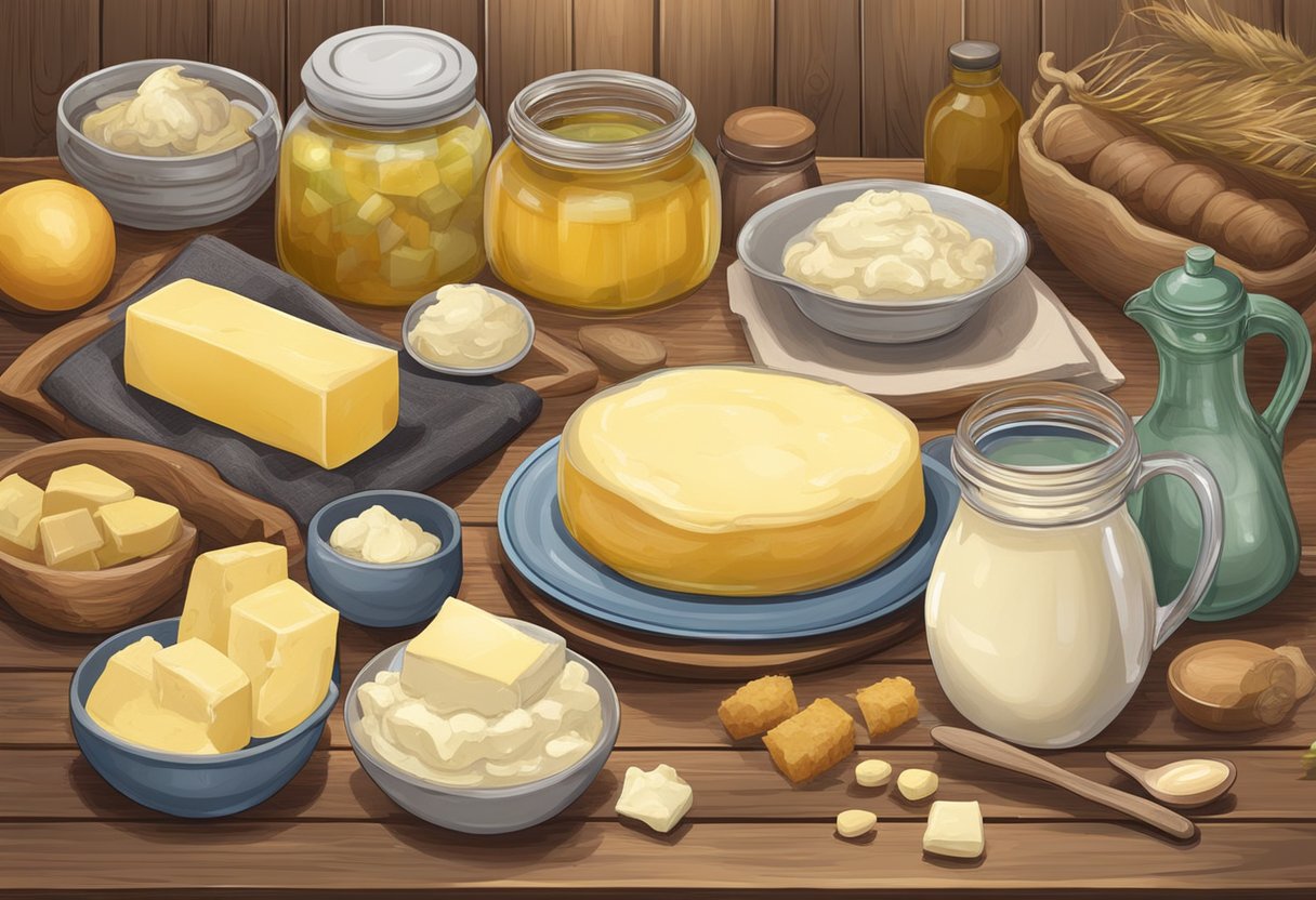 A rustic kitchen table with a jar of tallow and a dish of butter, surrounded by various household items and ingredients