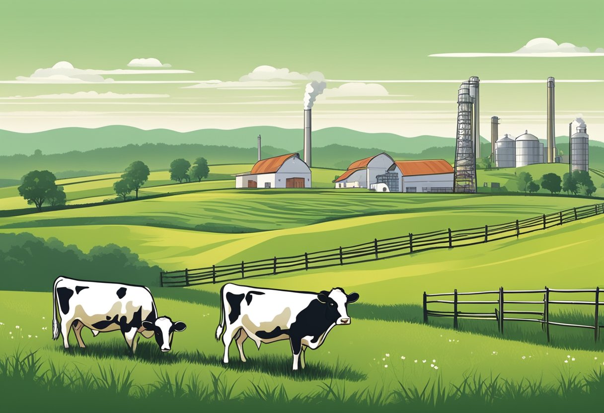 A serene pasture with grazing cows and a sustainable farm in the background, contrasting with a factory emitting pollution