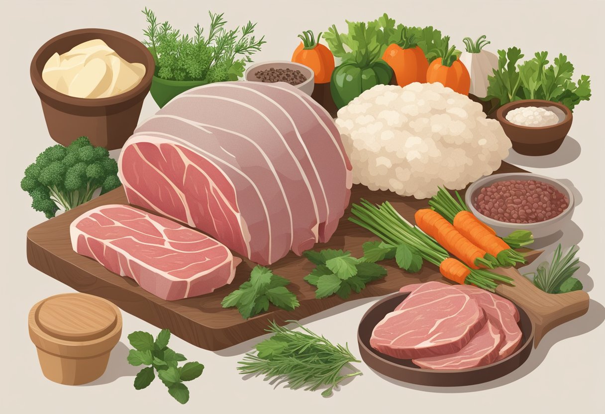 A table displaying various cuts of lamb and beef, surrounded by fresh herbs and vegetables. A nutrition label for each tallow sits nearby