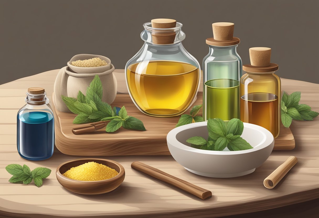 A table with various ingredients: tallow, oils, and essential oils, along with measuring tools and containers