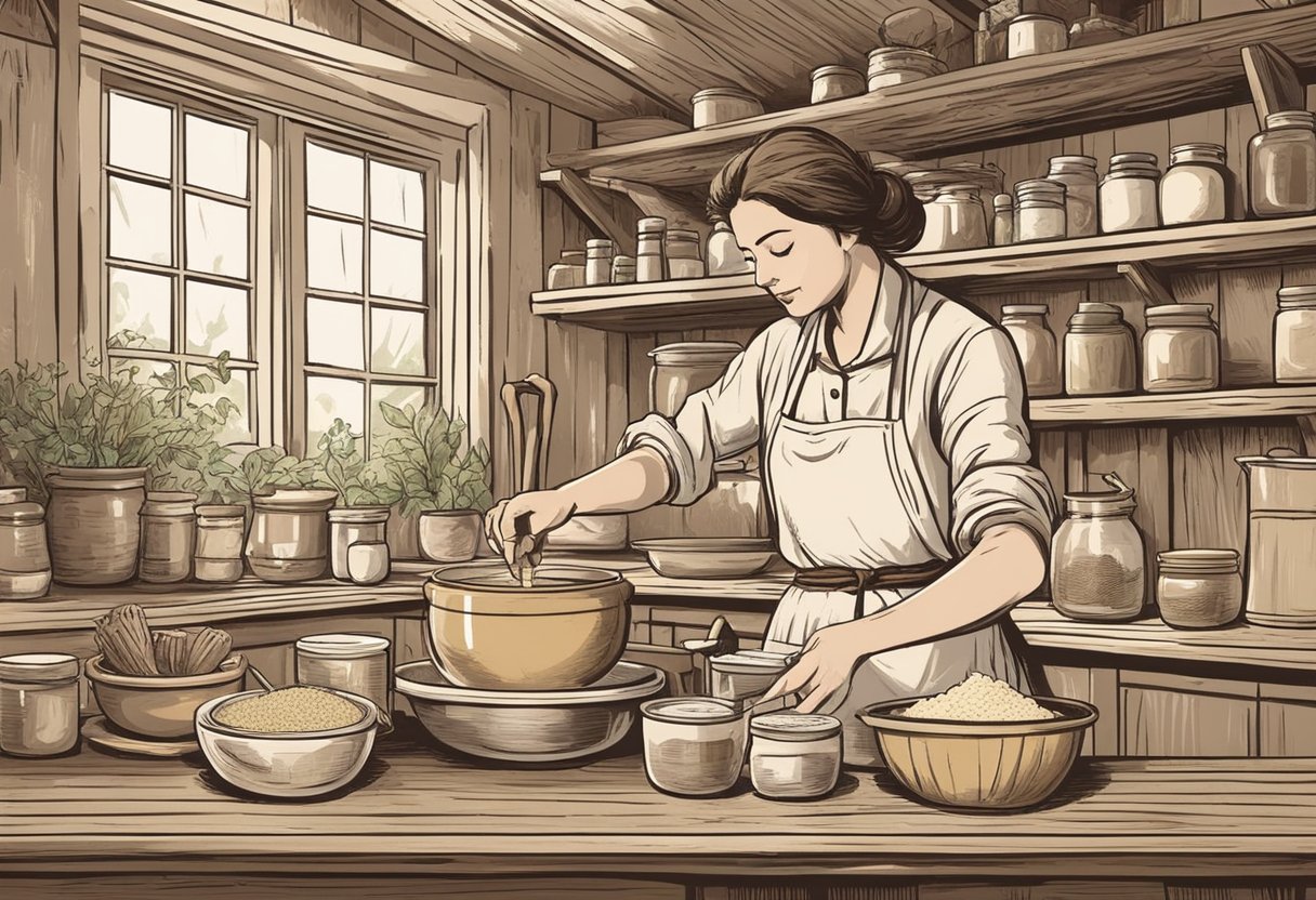 A woman mixing natural ingredients in a rustic kitchen to create tallow deodorant. She carefully measures and stirs the mixture in a vintage bowl