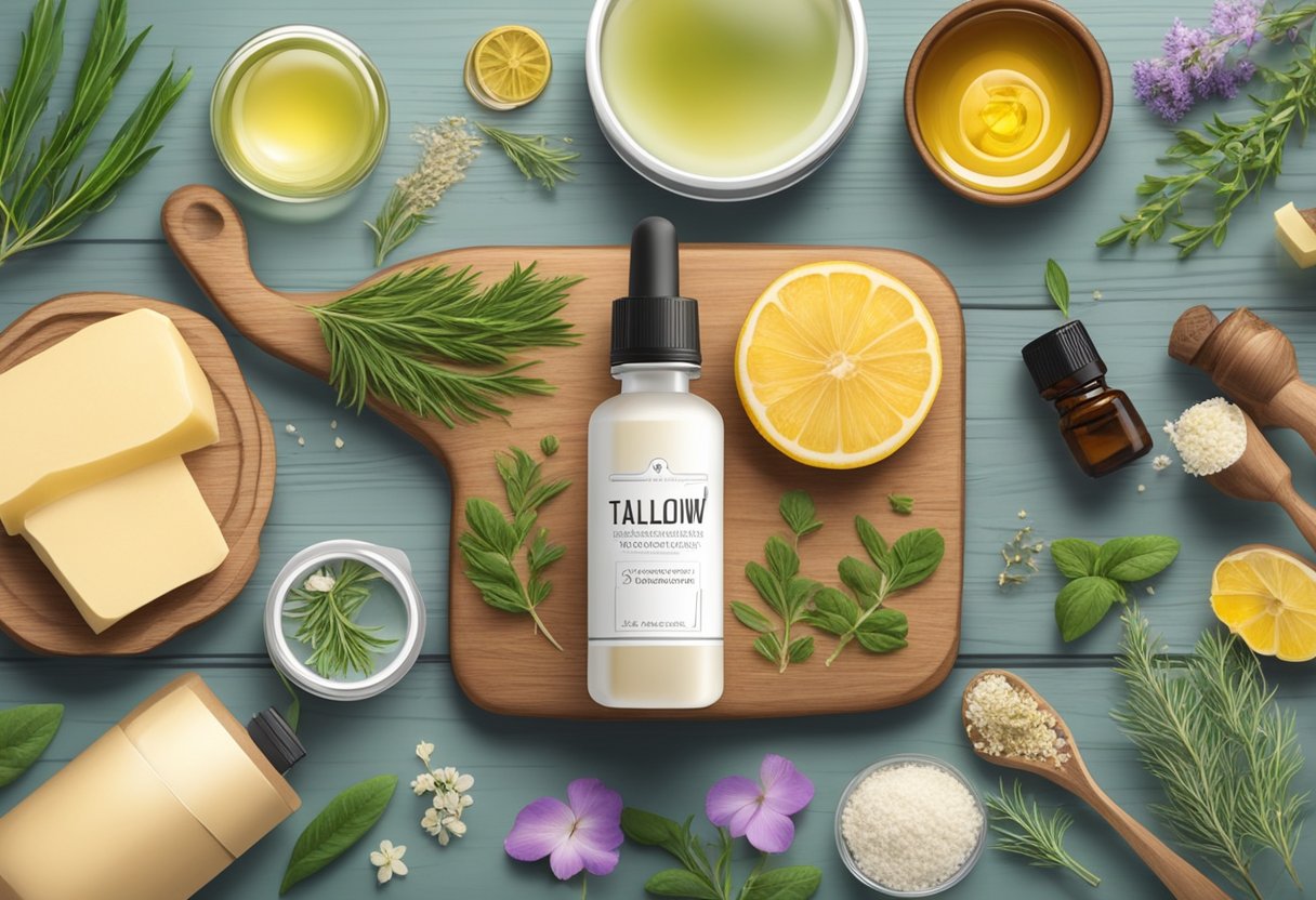 A person preparing natural ingredients for tallow deodorant, surrounded by essential oils and herbs on a wooden table