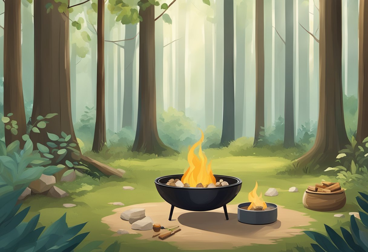 A serene forest clearing with a small fire pit, surrounded by ingredients like tallow, essential oils, and reusable containers
