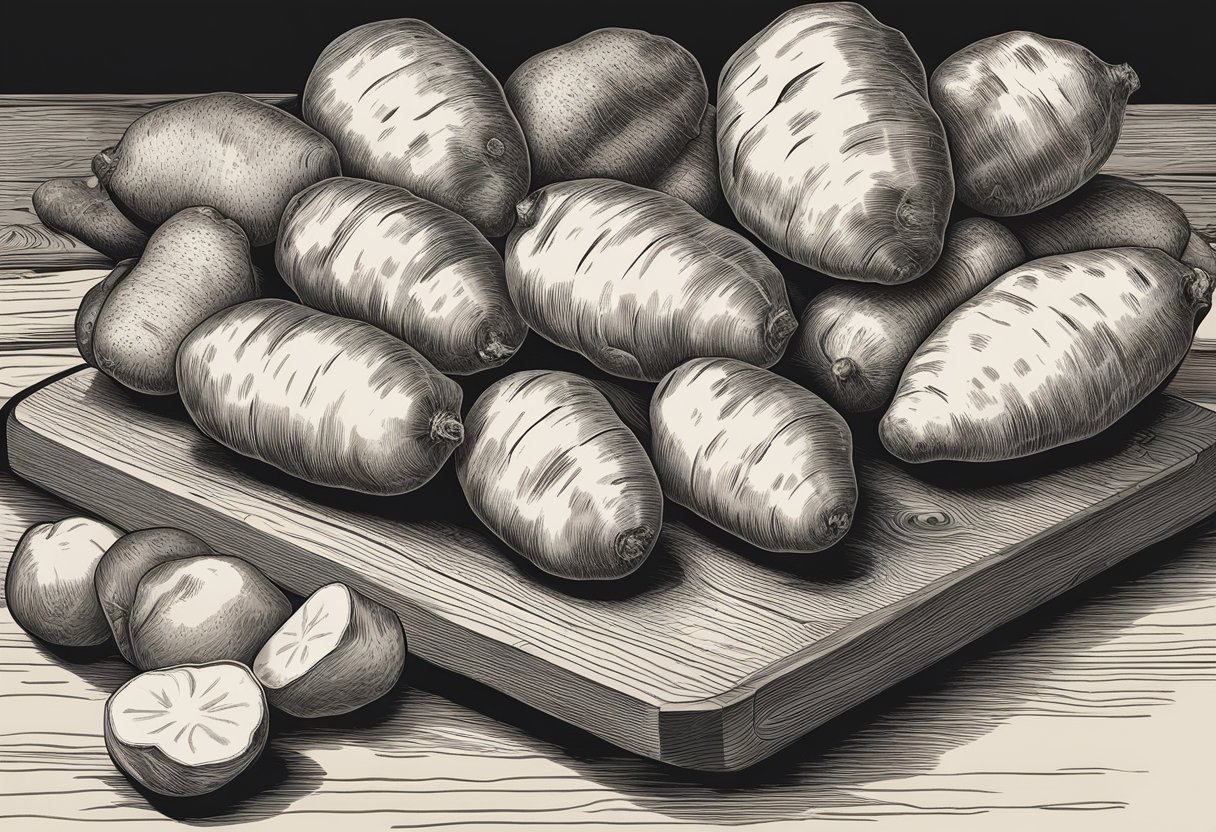 A hand reaching for a variety of potatoes, including russet, Yukon gold, and sweet potatoes, arranged on a wooden cutting board