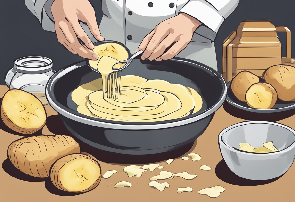 A chef's hand dips sliced potatoes into a bowl of melted tallow, preparing them for frying