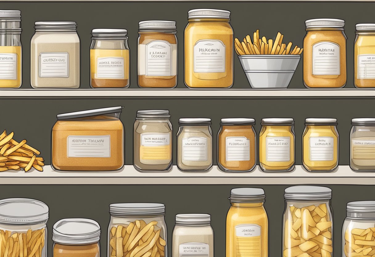 A pantry shelf with labeled jars of rendered tallow and neatly stacked containers of pre-cut fries