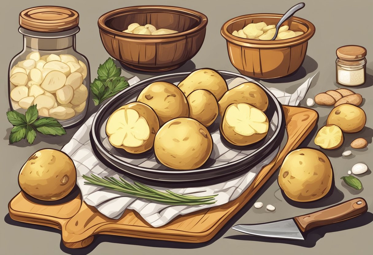 A table with ingredients: tallow, salt, and potatoes. A cutting board with a knife and sliced potatoes. A pot with hot tallow for frying