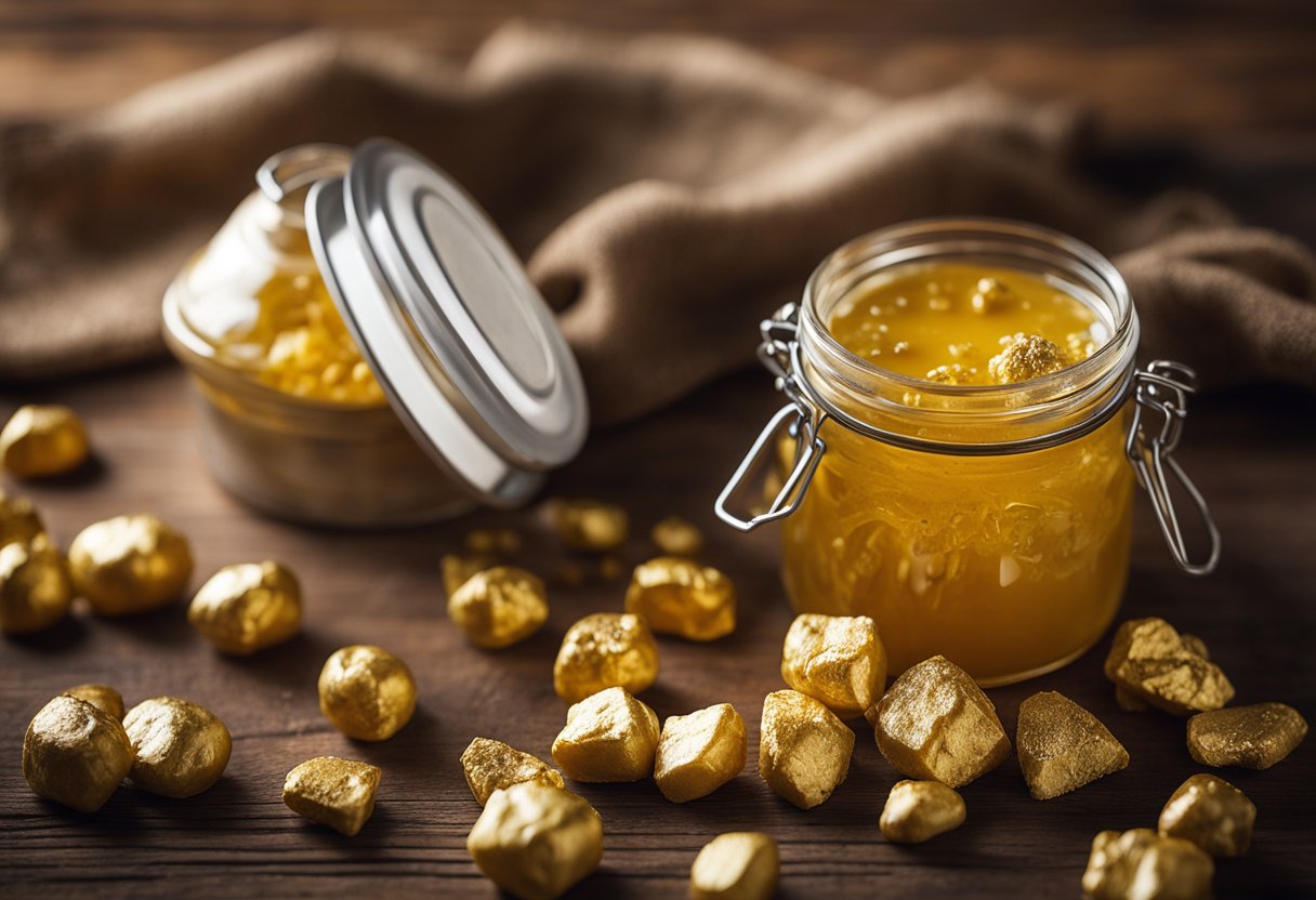 A golden jar of beef tallow surrounded by ghee and gold nuggets on a rustic wooden table