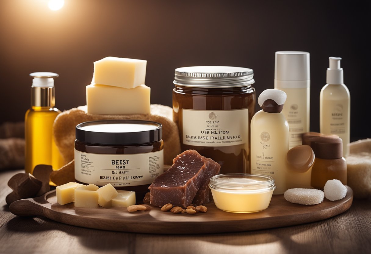 A jar of beef tallow surrounded by various skincare products and ingredients, with a spotlight highlighting it as the best choice