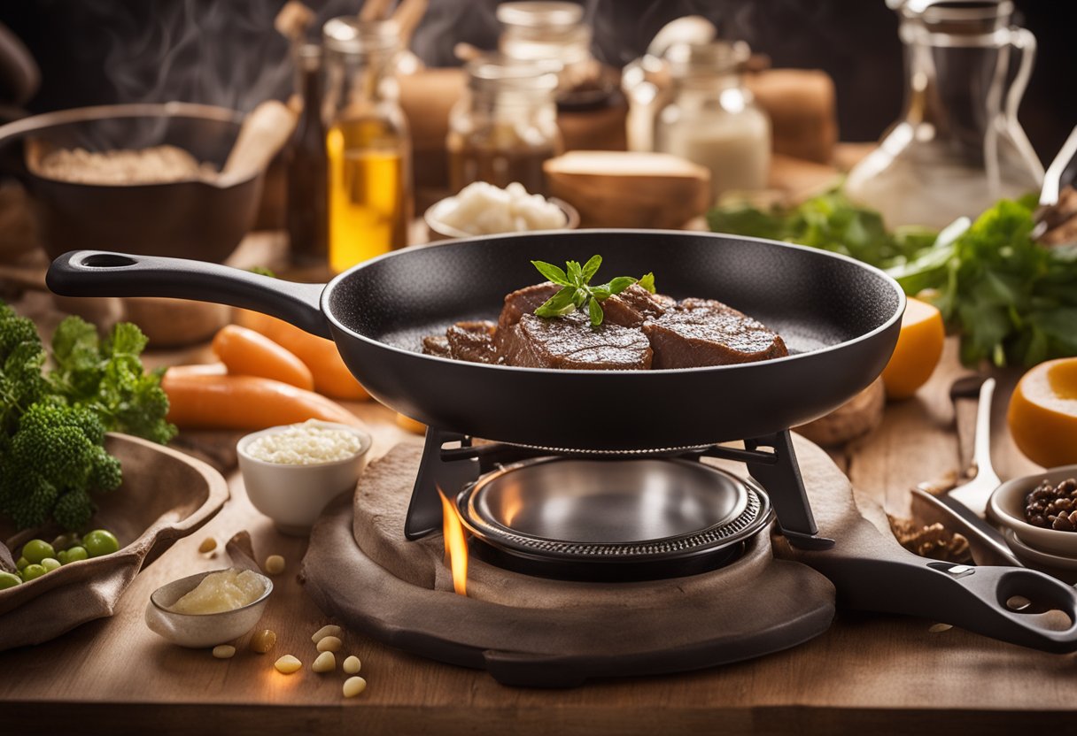 A sizzling skillet with beef tallow melting, surrounded by various cooking utensils and ingredients