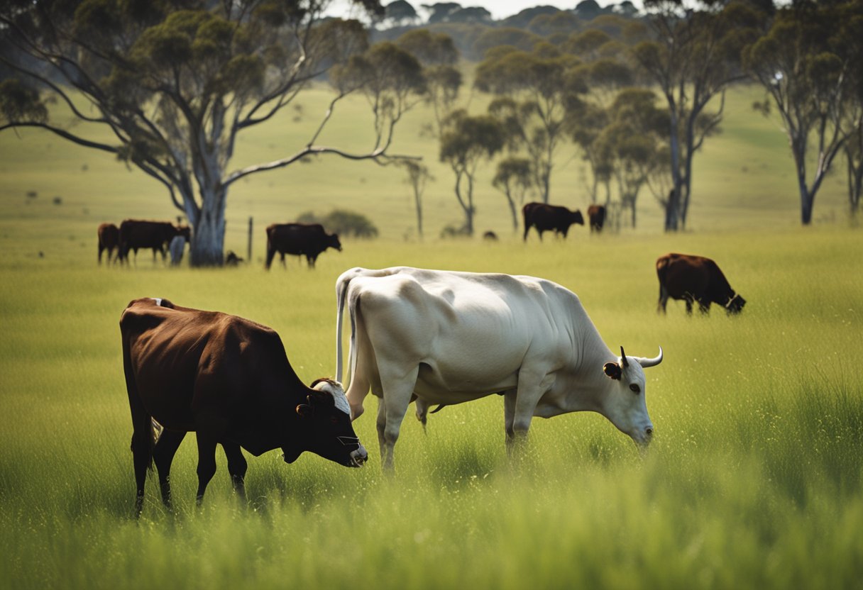 A lush Australian pasture with grazing cattle and tall tallow grass swaying in the breeze