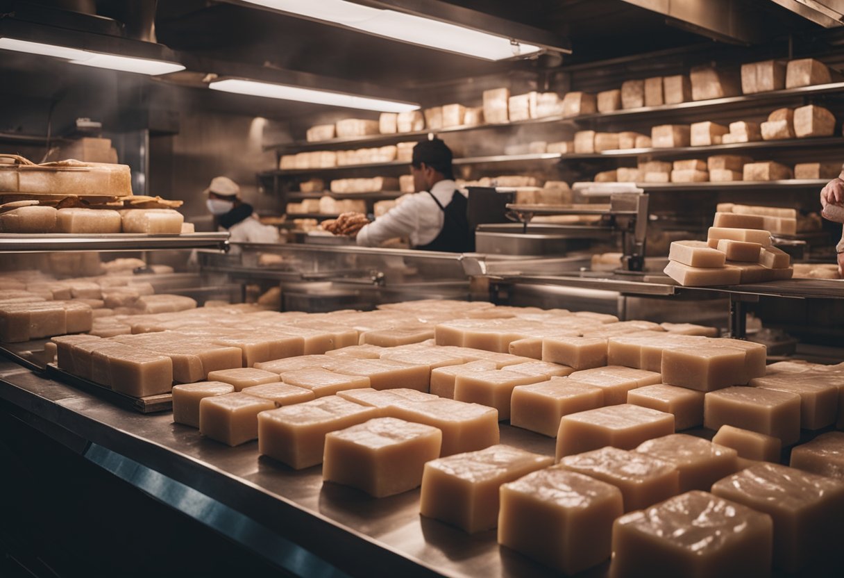 A bustling butcher shop with rows of neatly stacked beef tallow blocks on display. The aroma of sizzling meat fills the air
