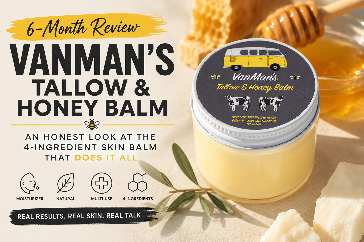 Product review of VanMan's Tallow and Honey Balm with no added scent.